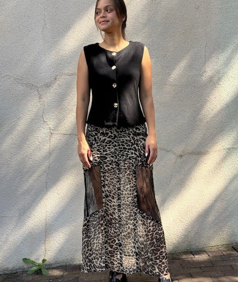 Leopard Lace Panel Maxi Skirt
