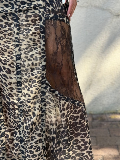Leopard Lace Panel Maxi Skirt