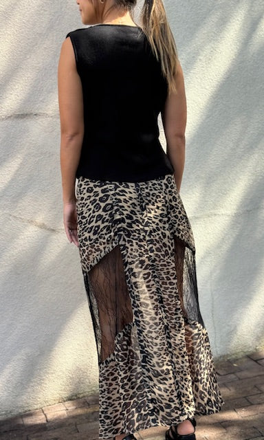 Leopard Lace Panel Maxi Skirt
